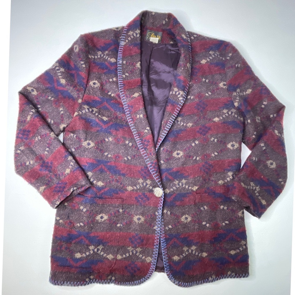 David Paul Vintage Womens Blazer Southwestern Blanket Coat Large Purple Burgundy